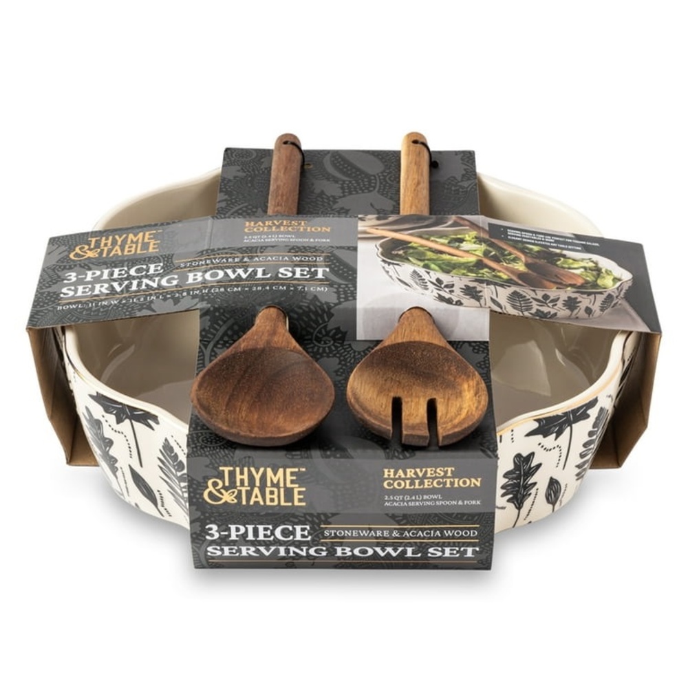 Thyme & Table Stoneware and Acacia Wood Bowl Set